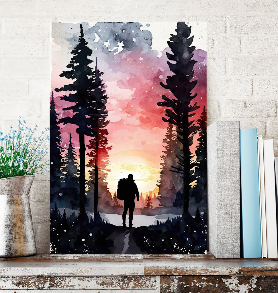 Hiking Forest Mountain Sunset Wall Art Watercolor Nature Inspired Backpacking Adventure Print Outdoorsy Gifts Wanderlust Decor