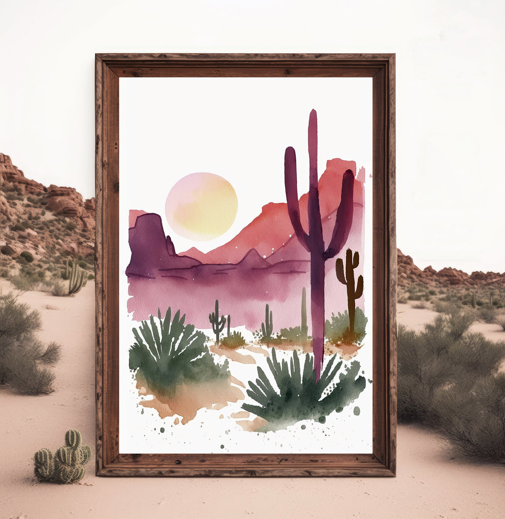 Desert Saguaro Cactus Sunset Wall Art Print Southwest Sonoran Watercolor Western Landscape Gift Nature Inspired Southwestern Decor