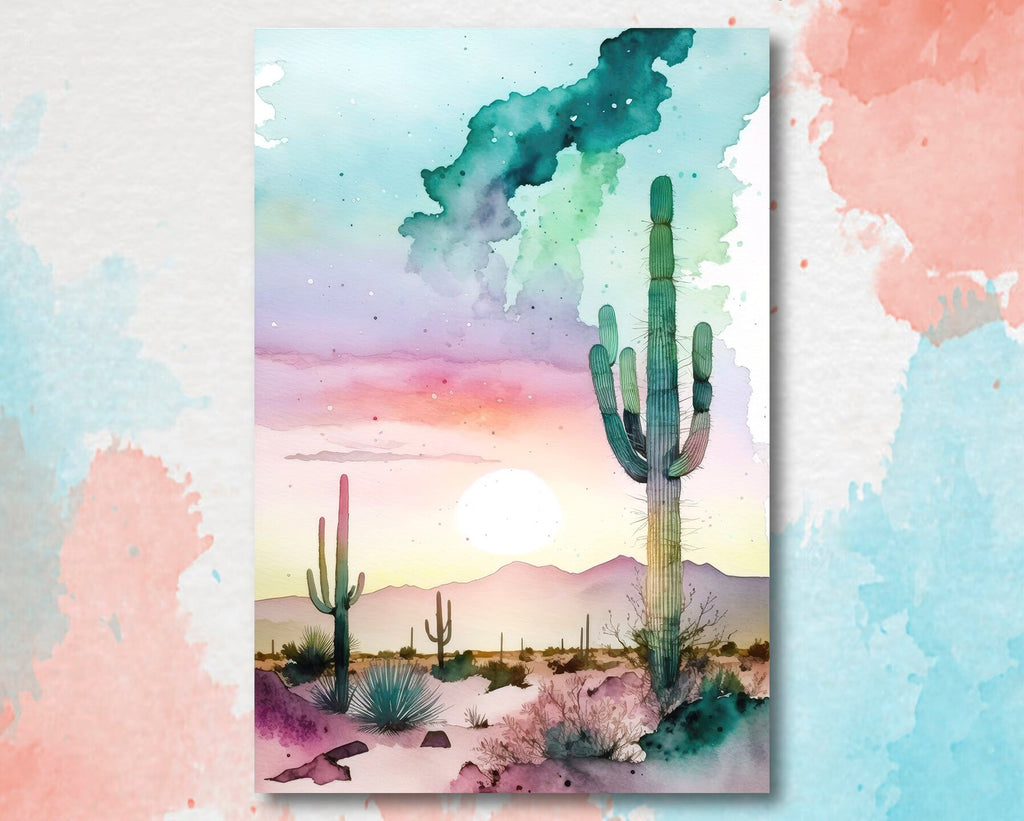 Desert Saguaro Cactus Sunset Wall Art Print Southwest Sonoran Watercolor Western Landscape Gift Nature Inspired Southwestern Decor