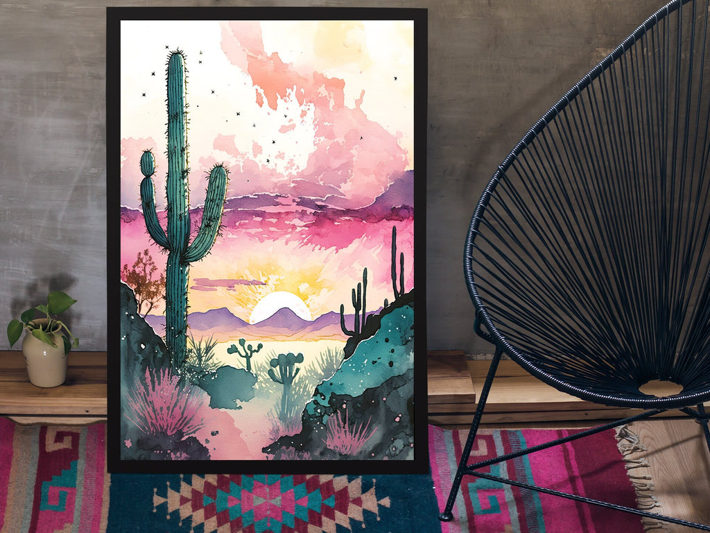 Desert Saguaro Cactus Sunset Wall Art Print Southwest Sonoran Watercolor Western Landscape Gift Nature Inspired Southwestern Decor