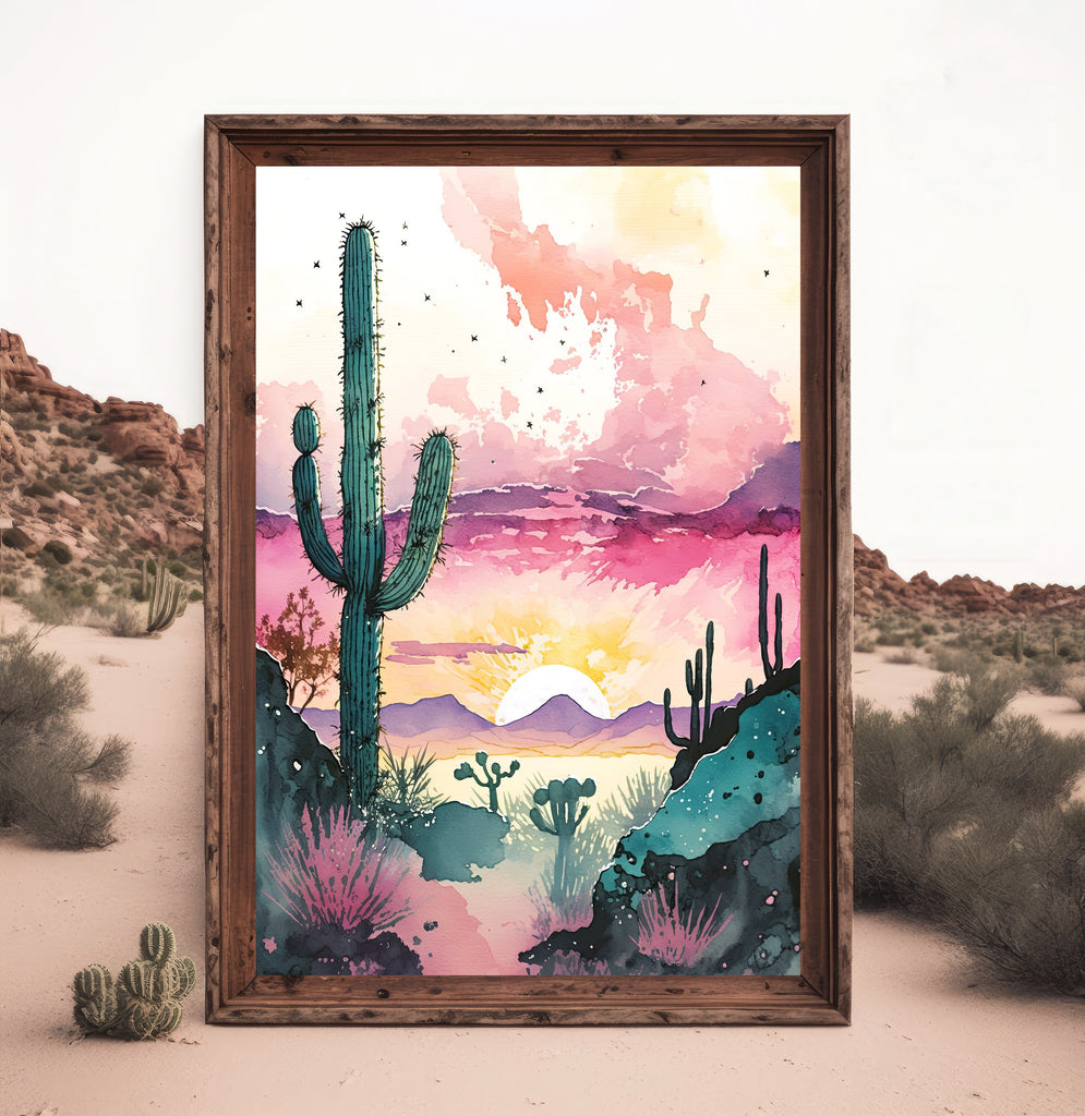 Desert Saguaro Cactus Sunset Wall Art Print Southwest Sonoran Watercolor Western Landscape Gift Nature Inspired Southwestern Decor