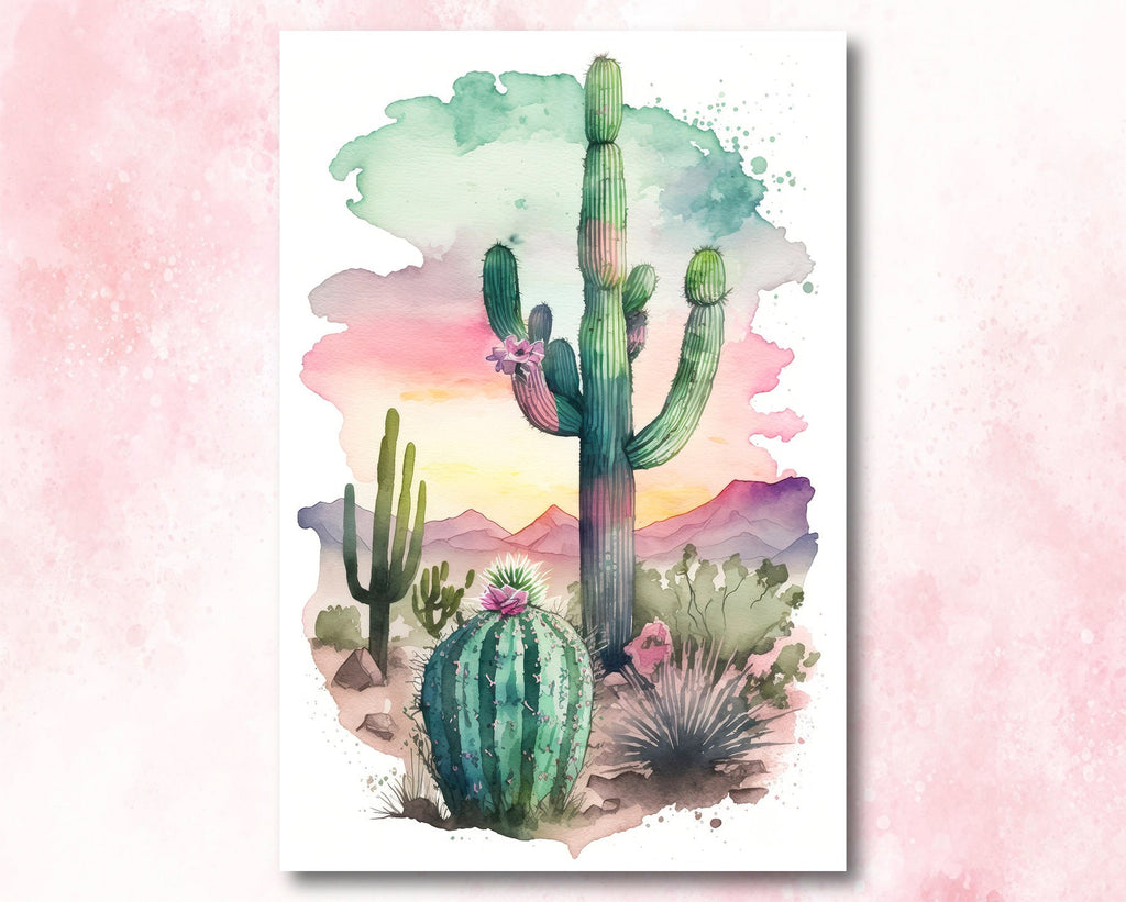 Desert Saguaro Cactus Sunset Wall Art Print Southwest Sonoran Watercolor Western Landscape Gift Nature Inspired Southwestern Decor