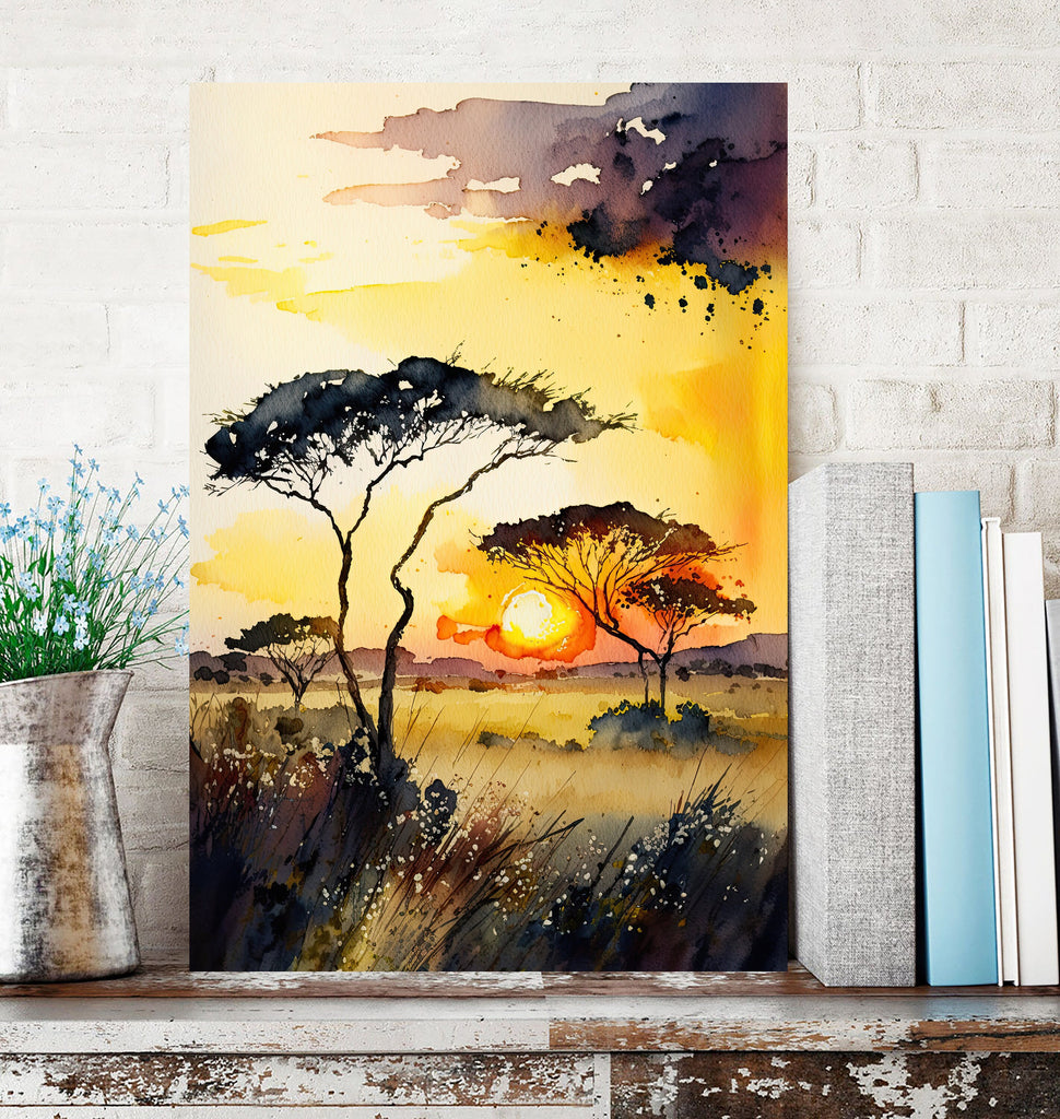 African Serengeti Sunset Wall Art Safari Print Africa Savanna Watercolor Landscape Painting Travel Gift Nature Inspired Decor