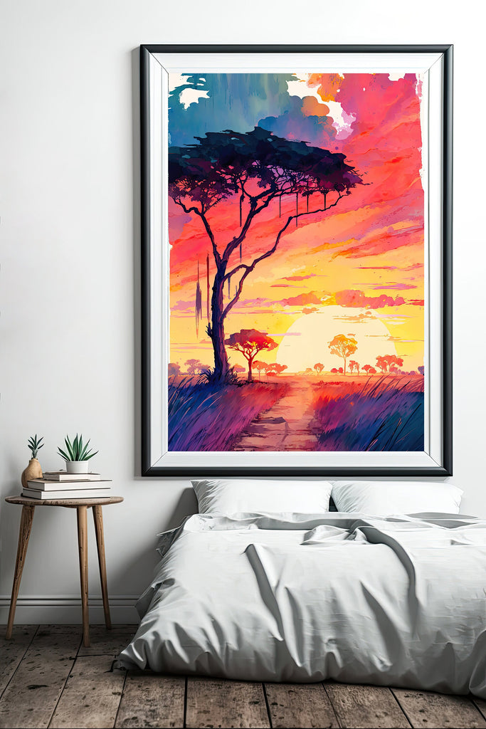 African Serengeti Sunset Wall Art Safari Print Africa Savanna Watercolor Landscape Painting Travel Gift Nature Inspired Decor