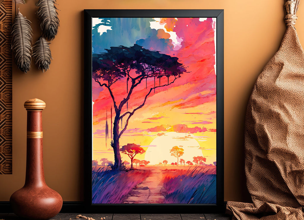 African Serengeti Sunset Wall Art Safari Print Africa Savanna Watercolor Landscape Painting Travel Gift Nature Inspired Decor