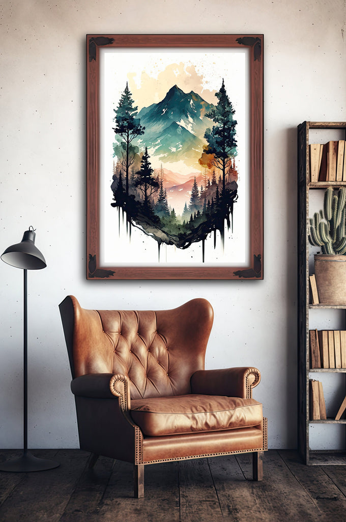 Forest Mountain Wall Art Landscape Cabin Decor Painting Watercolor Print Outdoorsy Gifts Nature Inspired Woodland Nursery Cottagecore Decor