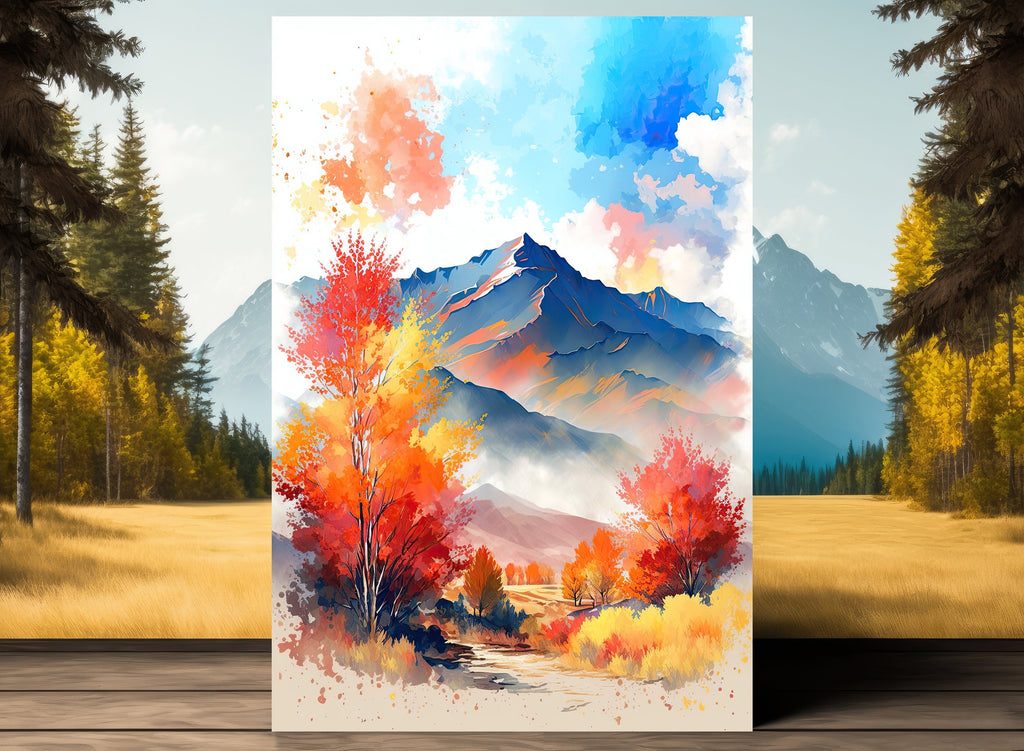 Autumn Forest Mountain Wall Art Cabin Decor Landscape Painting Fall Art Prints Outdoorsy Gifts Woodland Nursery Cottagecore Decor