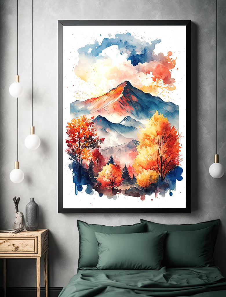 Autumn Forest Mountain Wall Art Cabin Decor Landscape Painting Fall Art Prints Outdoorsy Gifts Woodland Nursery Cottagecore Decor