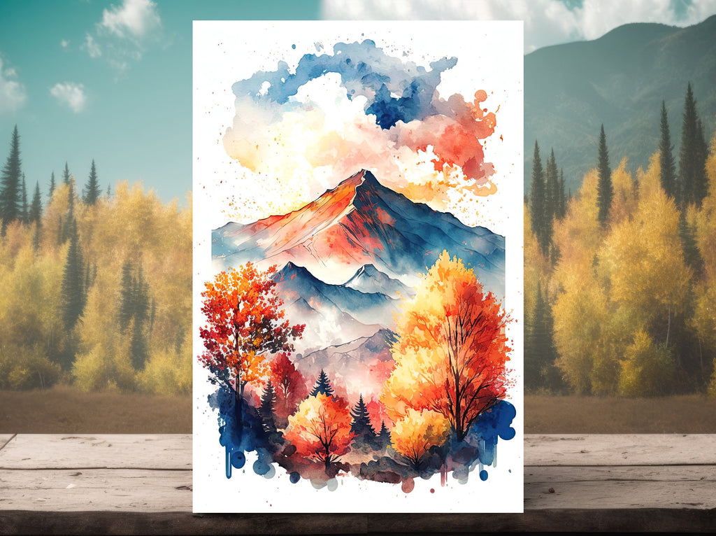 Autumn Forest Mountain Wall Art Cabin Decor Landscape Painting Fall Art Prints Outdoorsy Gifts Woodland Nursery Cottagecore Decor