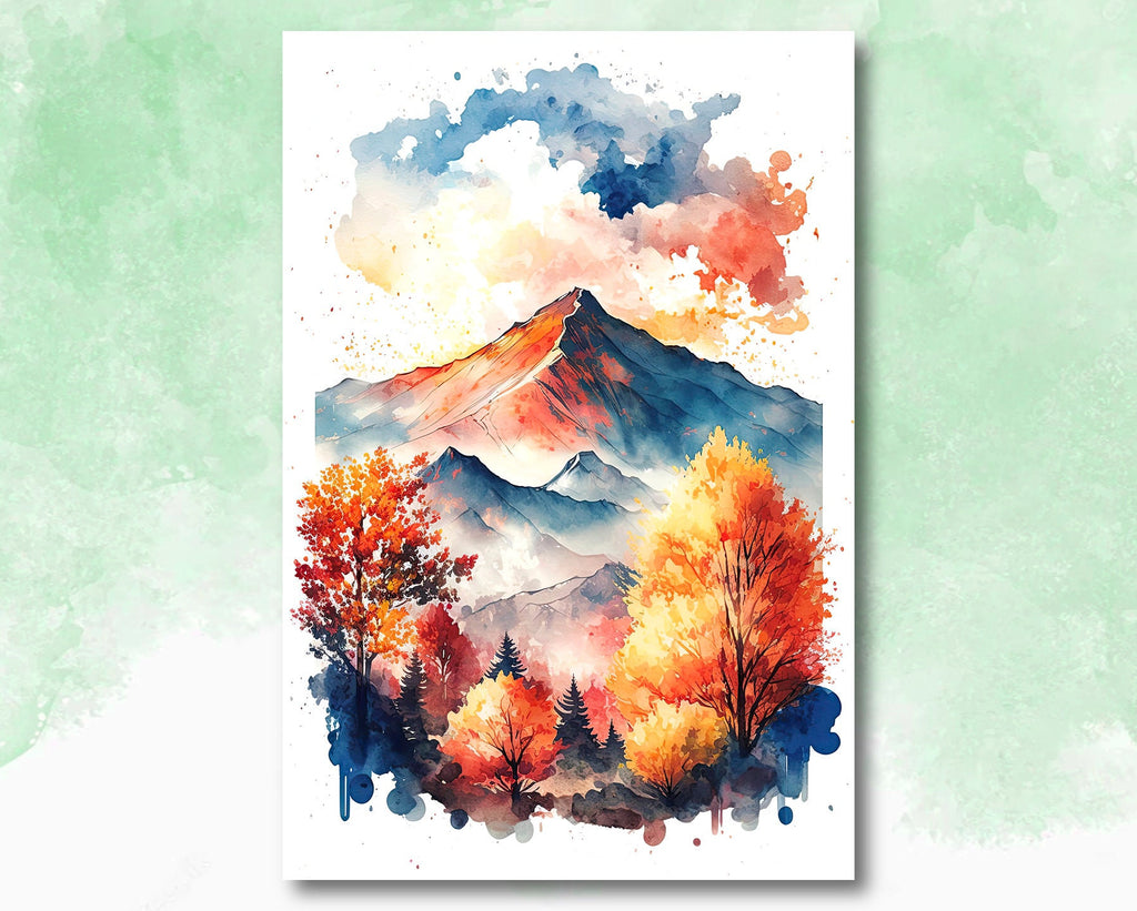 Autumn Forest Mountain Wall Art Cabin Decor Landscape Painting Fall Art Prints Outdoorsy Gifts Woodland Nursery Cottagecore Decor