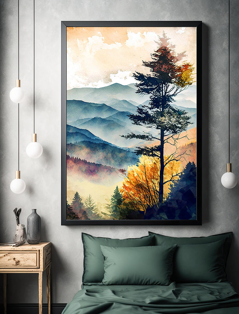 Autumn Forest Mountain Wall Art Cabin Decor Landscape Painting Fall Art Prints Outdoorsy Gifts Woodland Nursery Cottagecore Decor