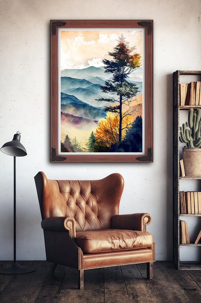 Autumn Forest Mountain Wall Art Cabin Decor Landscape Painting Fall Art Prints Outdoorsy Gifts Woodland Nursery Cottagecore Decor