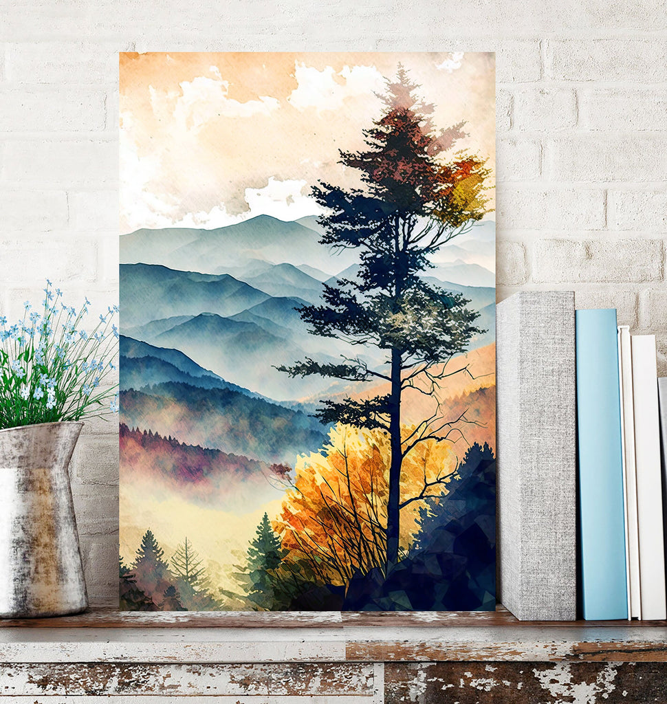 Autumn Forest Mountain Wall Art Cabin Decor Landscape Painting Fall Art Prints Outdoorsy Gifts Woodland Nursery Cottagecore Decor