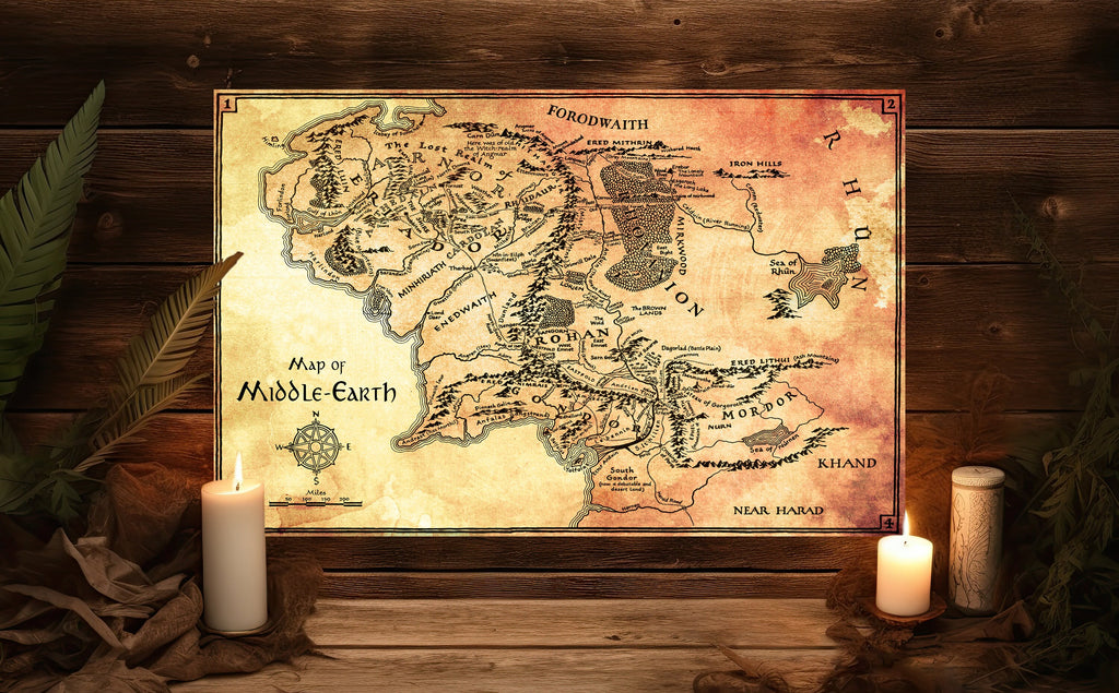 Middle Earth Map Illustration Print Lord of the Rings Silmarillion Wall Art Tolkien Gift Fantasy Home Decor