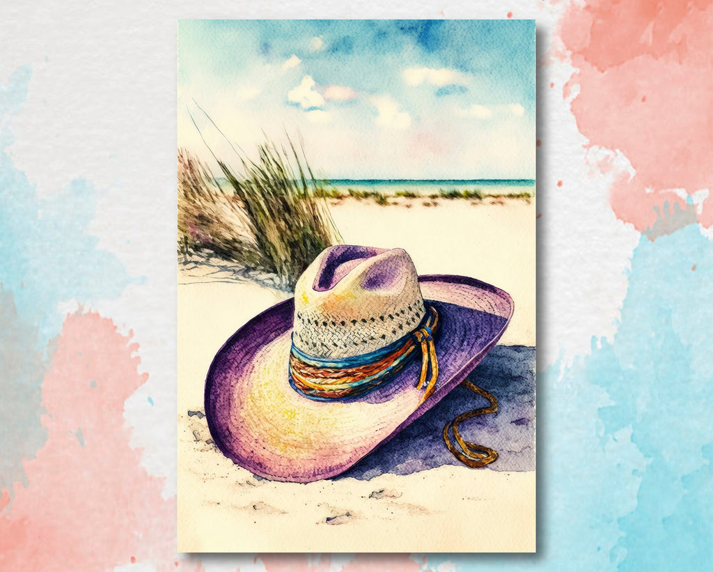 Coastal Cowgirl Hat Beach Art Print Boho Wall Decor Watercolor Painting Wall Art Gift Western Decor