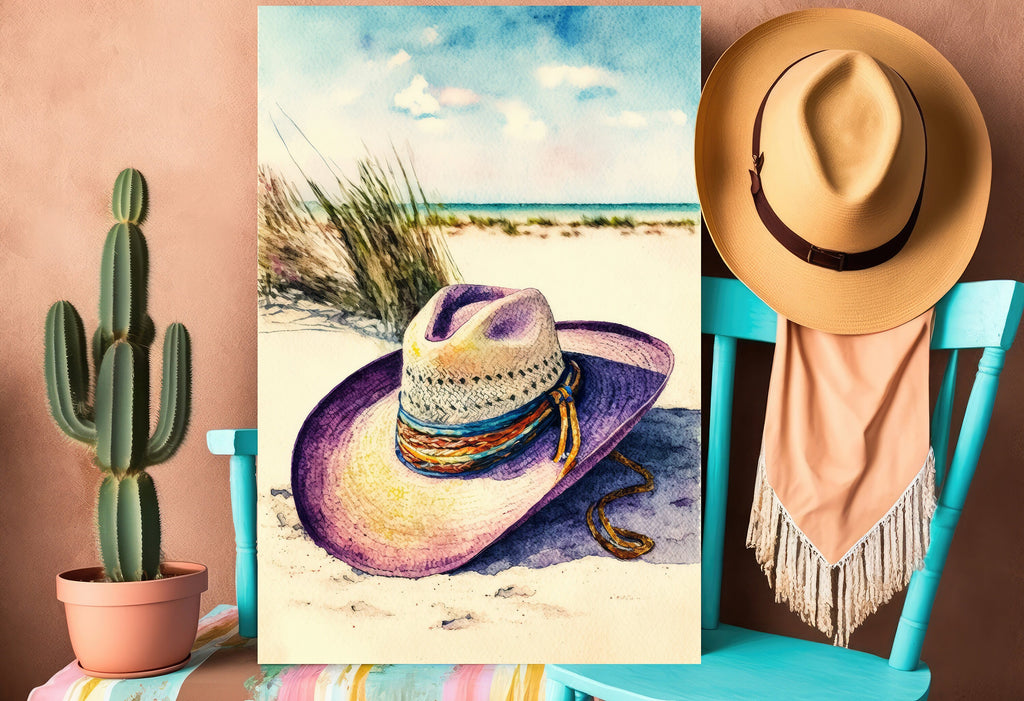 Coastal Cowgirl Hat Beach Art Print Boho Wall Decor Watercolor Painting Wall Art Gift Western Decor