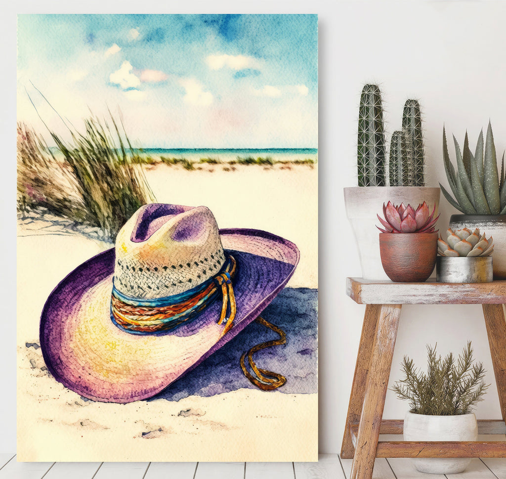 Coastal Cowgirl Hat Beach Art Print Boho Wall Decor Watercolor Painting Wall Art Gift Western Decor