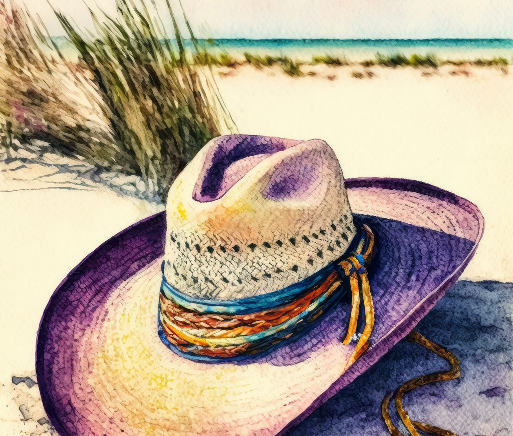 Coastal Cowgirl Hat Beach Art Print Boho Wall Decor Watercolor Painting Wall Art Gift Western Decor