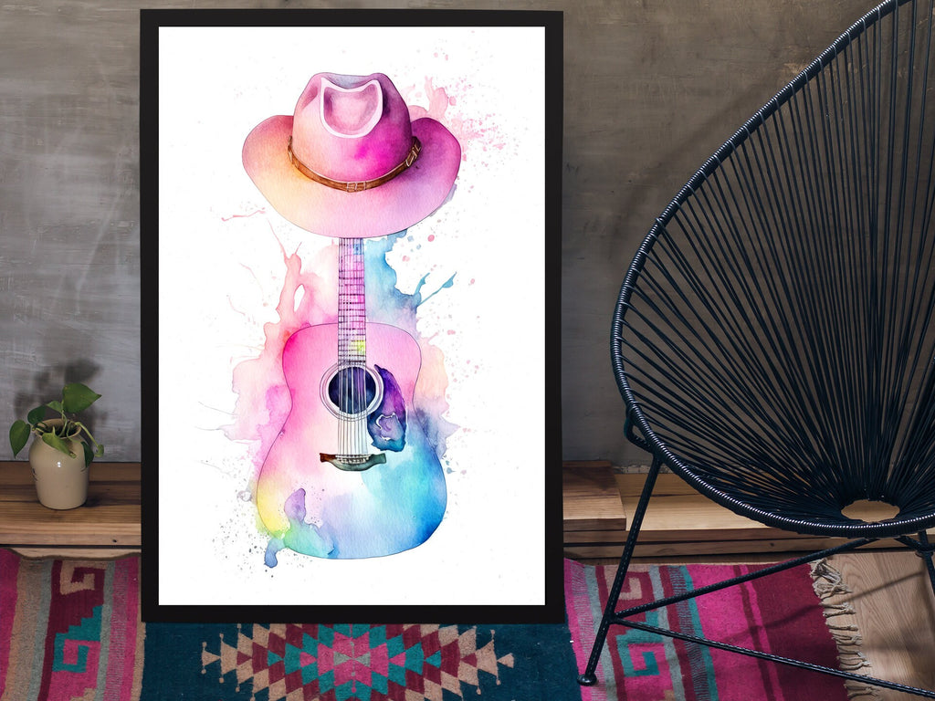 Coastal Cowgirl Hat and Acoustic Guitar Art Print Boho Wall Decor Music Gifts Watercolor Painting Wall Art Western Decor