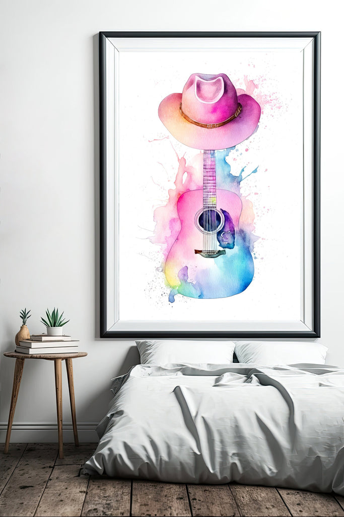 Coastal Cowgirl Hat and Acoustic Guitar Art Print Boho Wall Decor Music Gifts Watercolor Painting Wall Art Western Decor