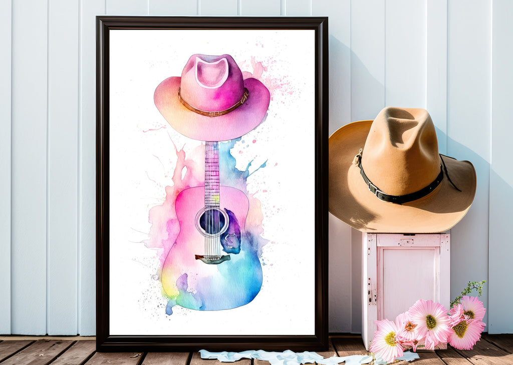 Coastal Cowgirl Hat and Acoustic Guitar Art Print Boho Wall Decor Music Gifts Watercolor Painting Wall Art Western Decor