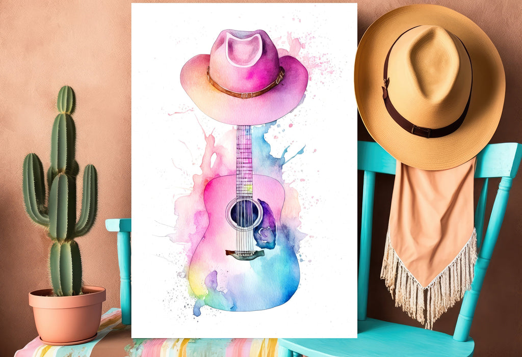 Coastal Cowgirl Hat and Acoustic Guitar Art Print Boho Wall Decor Music Gifts Watercolor Painting Wall Art Western Decor