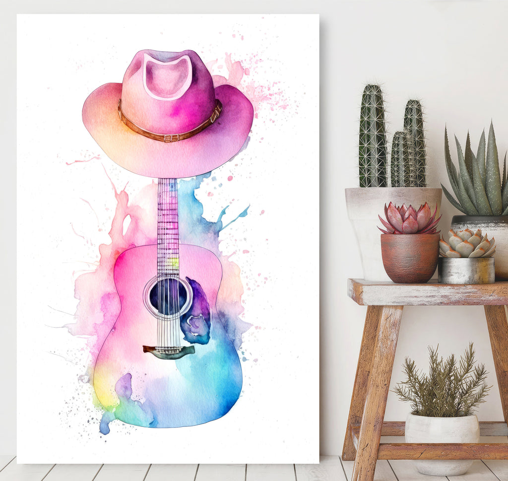 Coastal Cowgirl Hat and Acoustic Guitar Art Print Boho Wall Decor Music Gifts Watercolor Painting Wall Art Western Decor