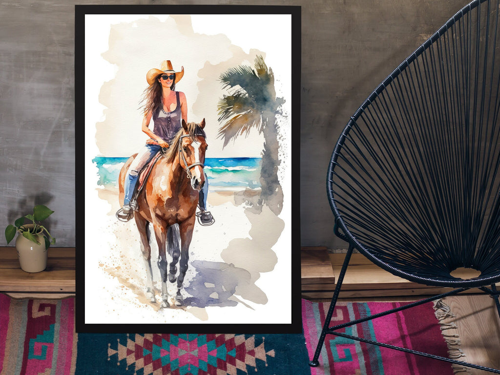 Coastal Cowgirl Horseback Riding Beach Art Print Boho Wall Decor Watercolor Painting Gift Western Cowboy Decor
