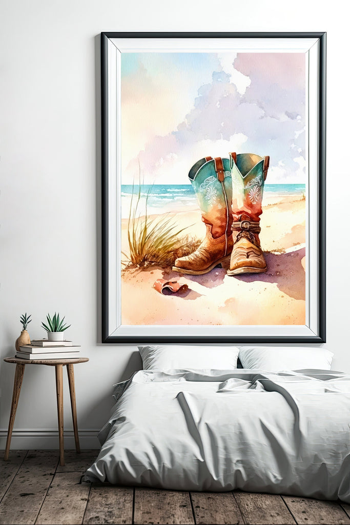 Coastal Cowgirl Boots Beach Art Print Boho Wall Decor Watercolor Painting Wall Art Gift Western Decor