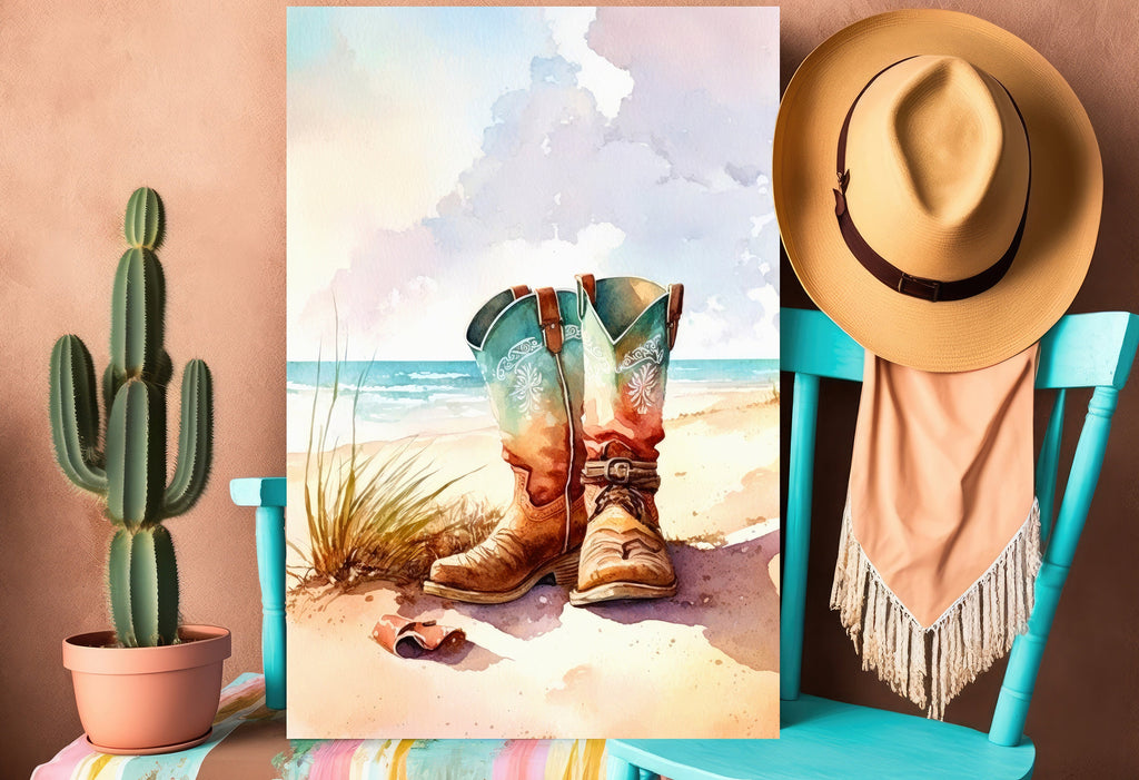 Coastal Cowgirl Boots Beach Art Print Boho Wall Decor Watercolor Painting Wall Art Gift Western Decor