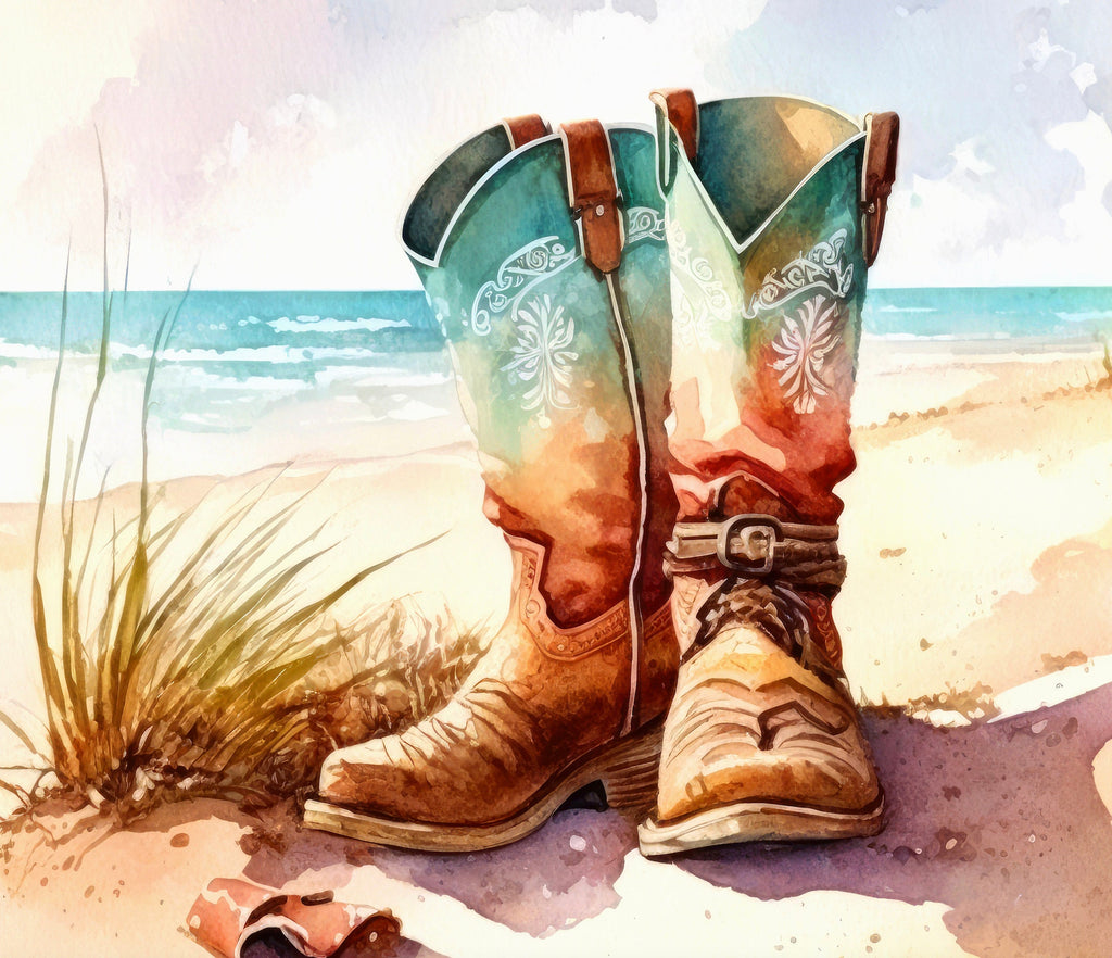 Coastal Cowgirl Boots Beach Art Print Boho Wall Decor Watercolor Painting Wall Art Gift Western Decor