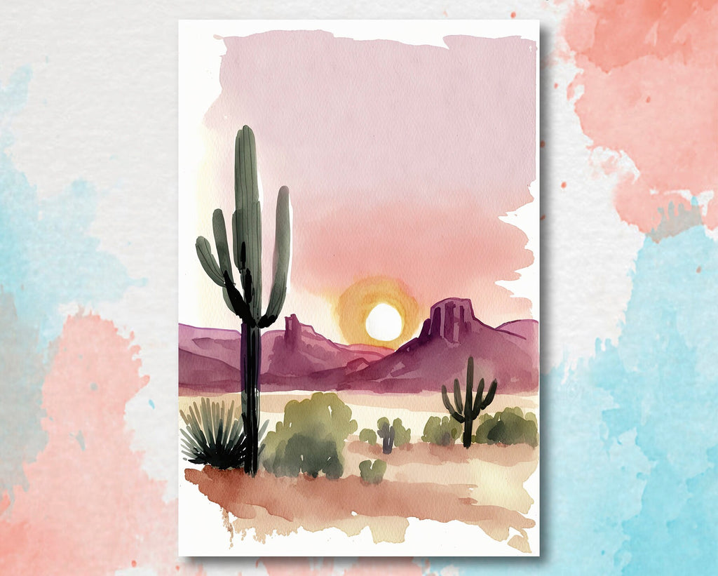 Minimalist Sonoran Desert Sunset Cactus Wall Art Southwest Nature Inspired Watercolor Print Western Decor Southwestern Landscape Painting