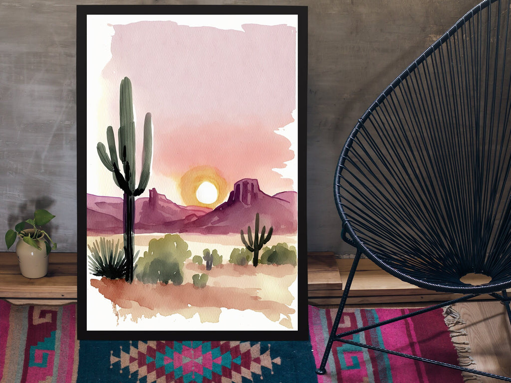 Minimalist Sonoran Desert Sunset Cactus Wall Art Southwest Nature Inspired Watercolor Print Western Decor Southwestern Landscape Painting