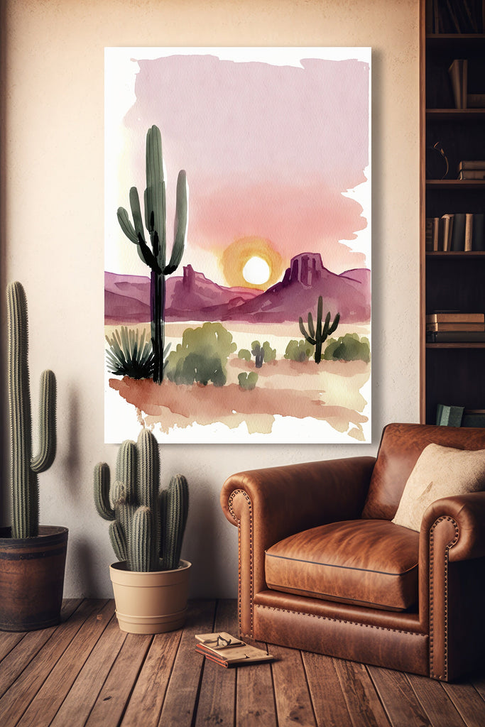 Minimalist Sonoran Desert Sunset Cactus Wall Art Southwest Nature Inspired Watercolor Print Western Decor Southwestern Landscape Painting