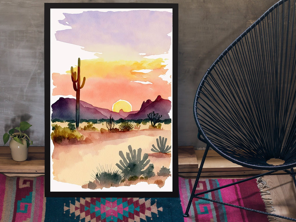 Minimalist Sonoran Desert Sunset Cactus Wall Art Southwest Nature Inspired Watercolor Print Western Decor Southwestern Landscape Painting