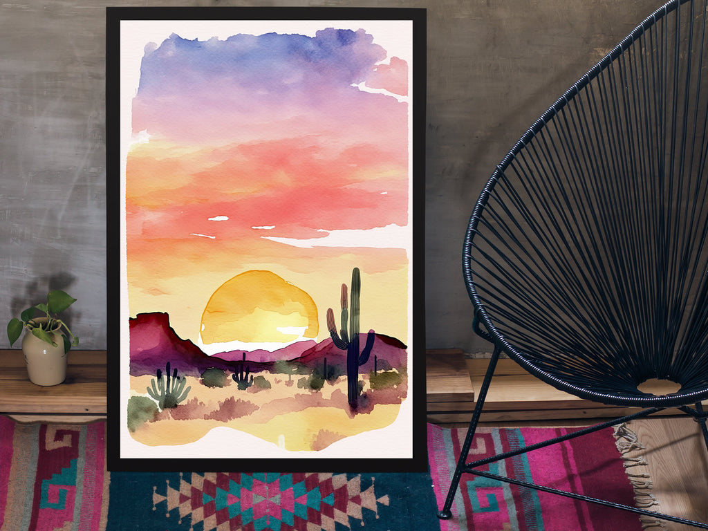 Minimalist Sonoran Desert Sunset Cactus Wall Art Southwest Nature Inspired Watercolor Print Western Decor Southwestern Landscape Painting