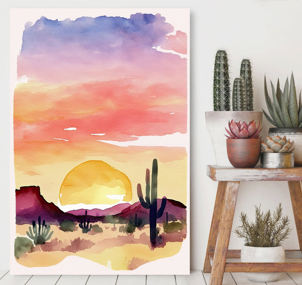 Minimalist Sonoran Desert Sunset Cactus Wall Art Southwest Nature Inspired Watercolor Print Western Decor Southwestern Landscape Painting