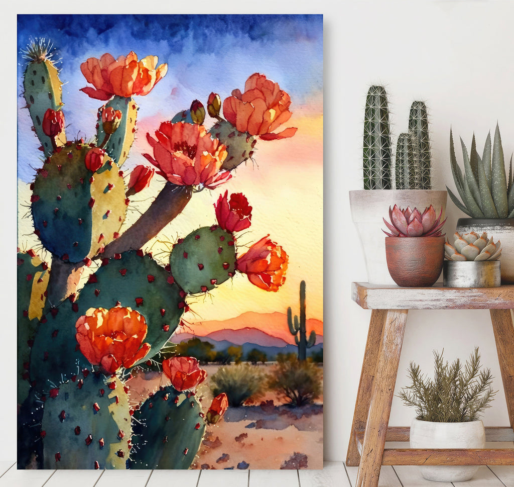 Flower Prickly Pear Cactus Sunset Art Print Watercolor Botanical Desert Wall Art Nature Inspired Sonoran Art Southwest Western Decor