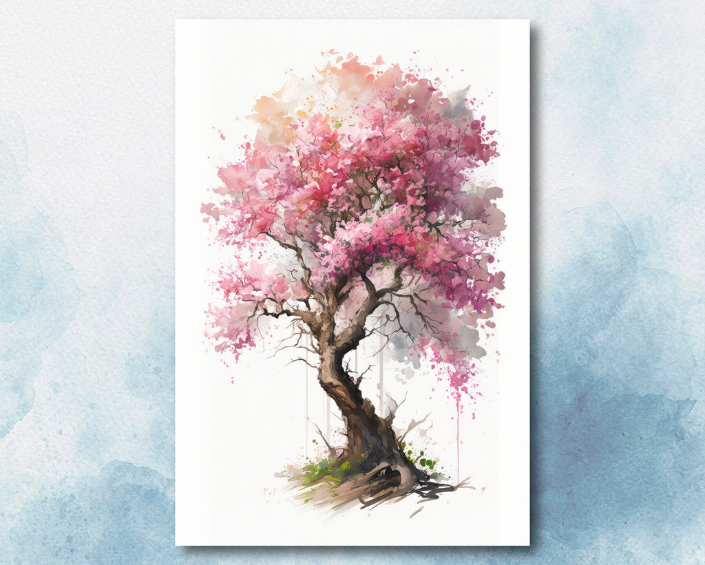 Japanese Pink Sakura Cherry Blossom Bonsai Tree Wall Art Asian Print Nature Inspired Zen Botanical Watercolor Painting Gift Floral Decor