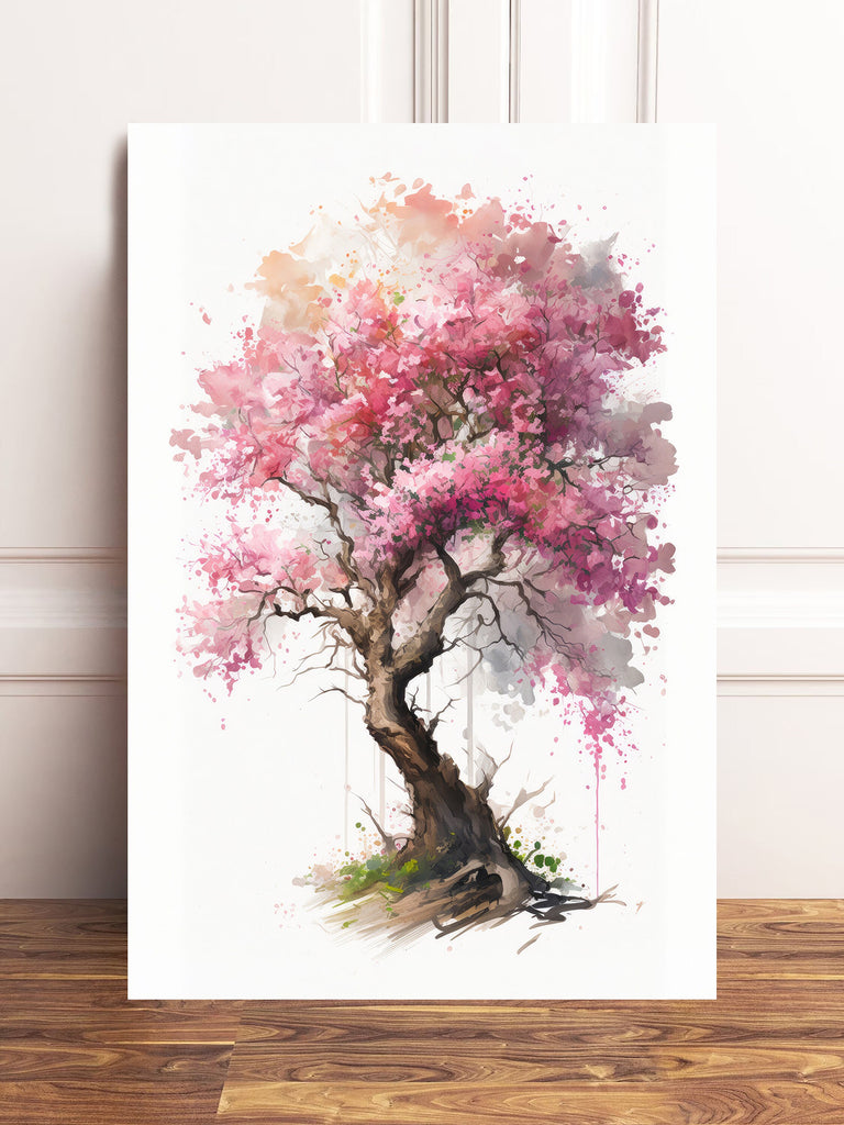 Japanese Pink Sakura Cherry Blossom Bonsai Tree Wall Art Asian Print Nature Inspired Zen Botanical Watercolor Painting Gift Floral Decor