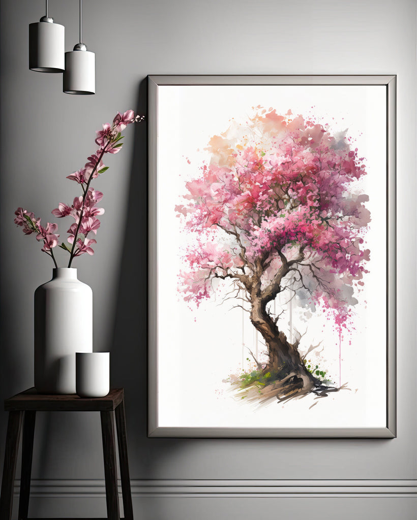 Japanese Pink Sakura Cherry Blossom Bonsai Tree Wall Art Asian Print Nature Inspired Zen Botanical Watercolor Painting Gift Floral Decor