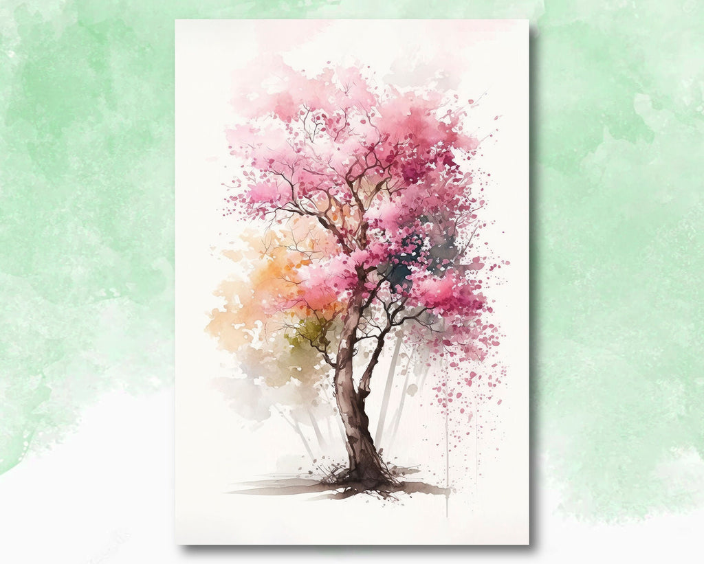 Japanese Pink Sakura Cherry Blossom Bonsai Tree Wall Art Asian Print Nature Inspired Zen Botanical Watercolor Painting Gift Floral Decor