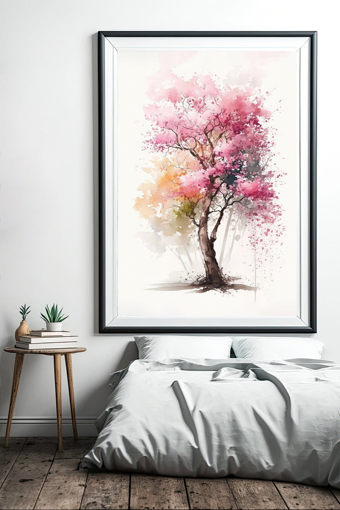 Japanese Pink Sakura Cherry Blossom Bonsai Tree Wall Art Asian Print Nature Inspired Zen Botanical Watercolor Painting Gift Floral Decor