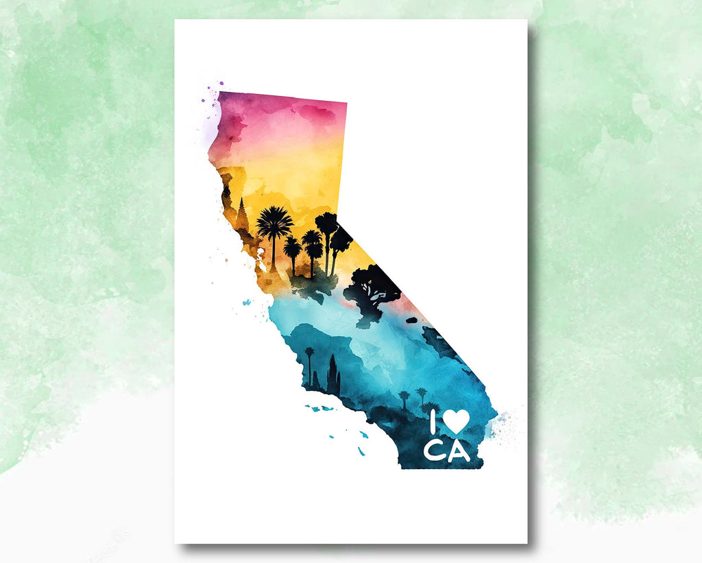 California State Map Wall Art CA Print Watercolor Painting Housewarming Gift Cali Home Decor