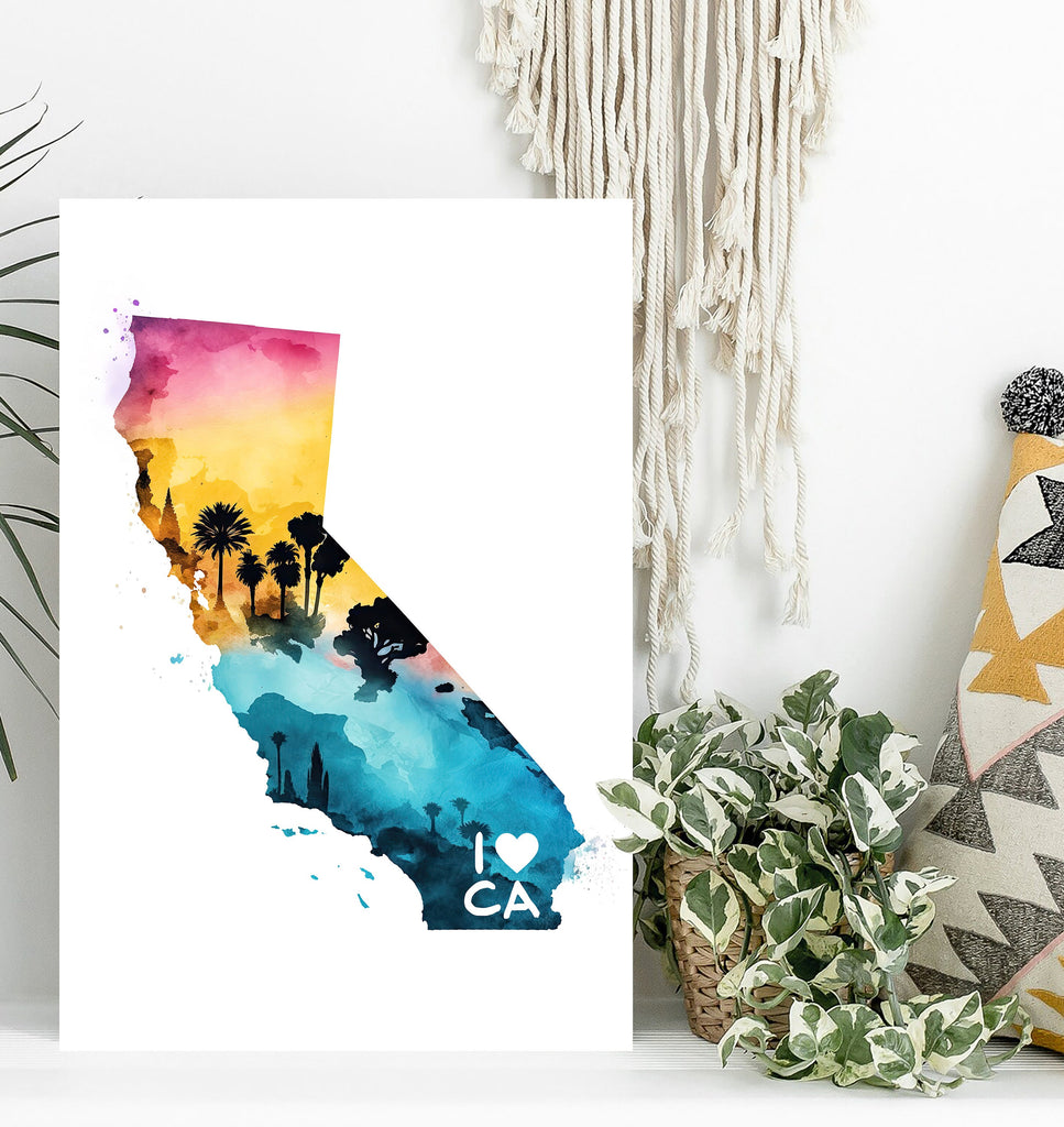 California State Map Wall Art CA Print Watercolor Painting Housewarming Gift Cali Home Decor