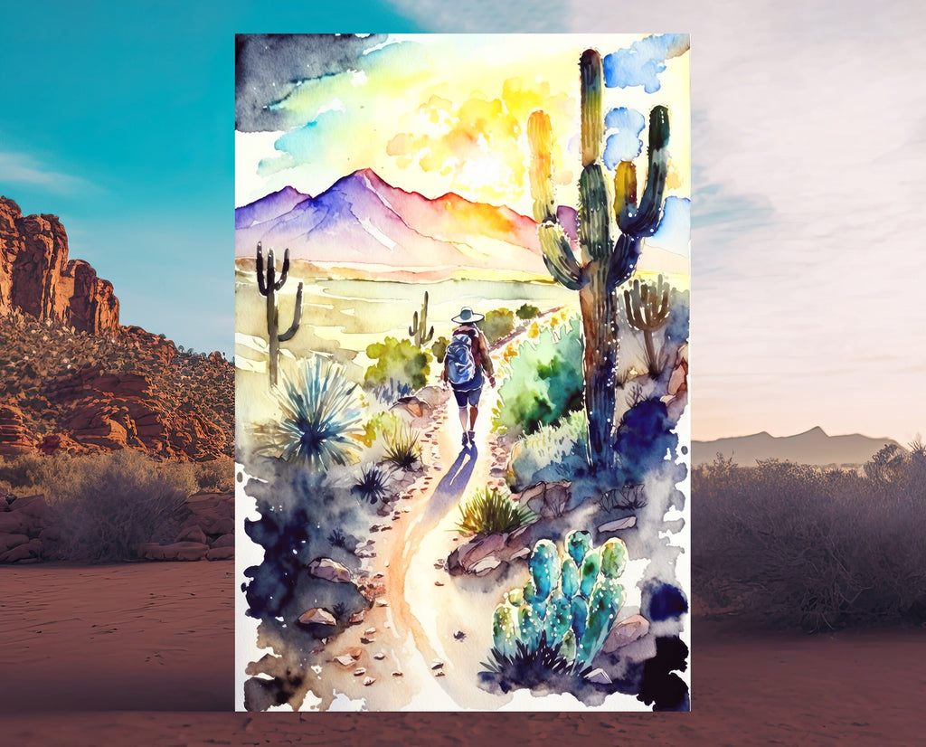 Hiking Desert Trail Sunset Wall Art Backpacking Camping Nature Adventure Unique Outdoorsy Gifts Wanderlust Southwestern Decor