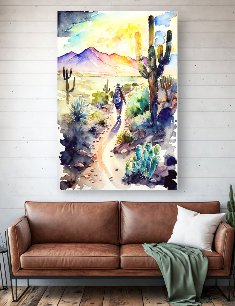 Hiking Desert Trail Sunset Wall Art Backpacking Camping Nature Adventure Unique Outdoorsy Gifts Wanderlust Southwestern Decor