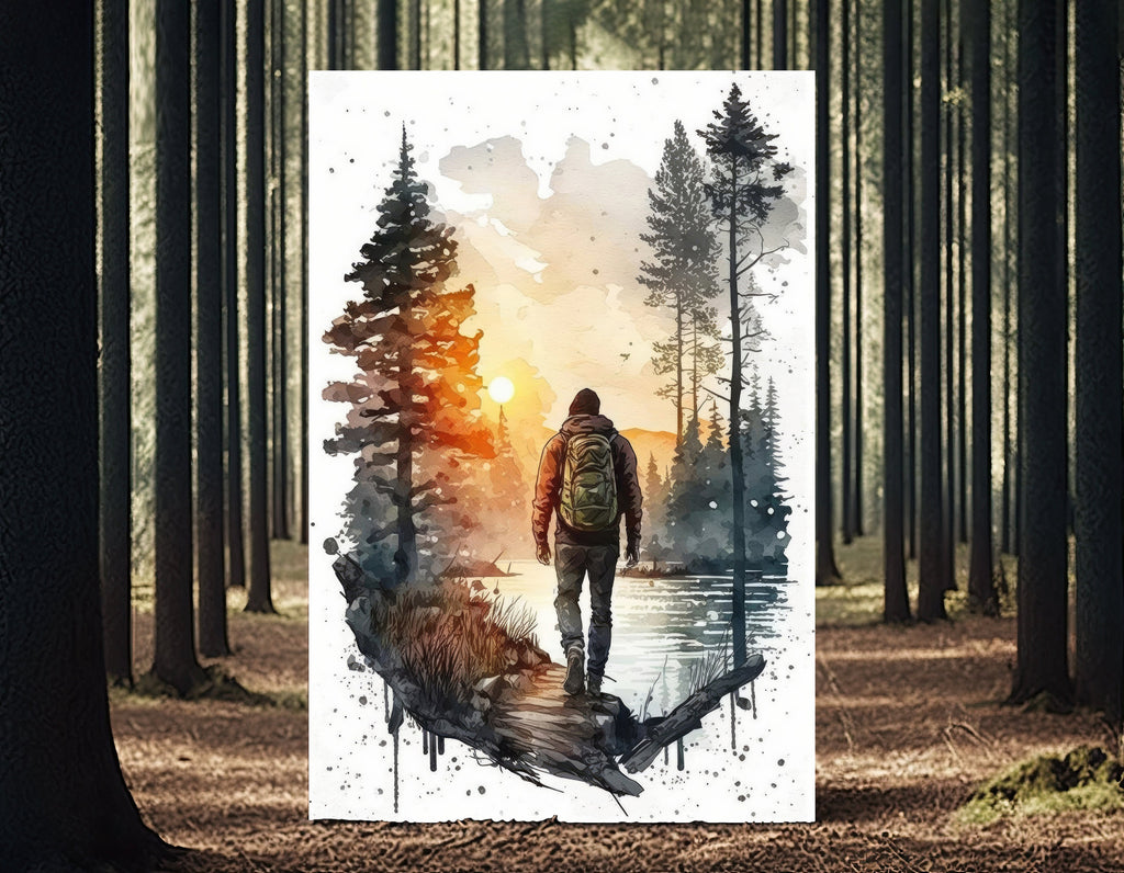 Hiking Forest Mountain Sunset Wall Art Watercolor Nature Inspired Backpacking Adventure Print Outdoorsy Gifts Wanderlust Decor