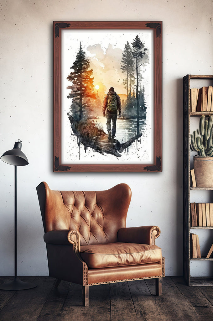 Hiking Forest Mountain Sunset Wall Art Watercolor Nature Inspired Backpacking Adventure Print Outdoorsy Gifts Wanderlust Decor