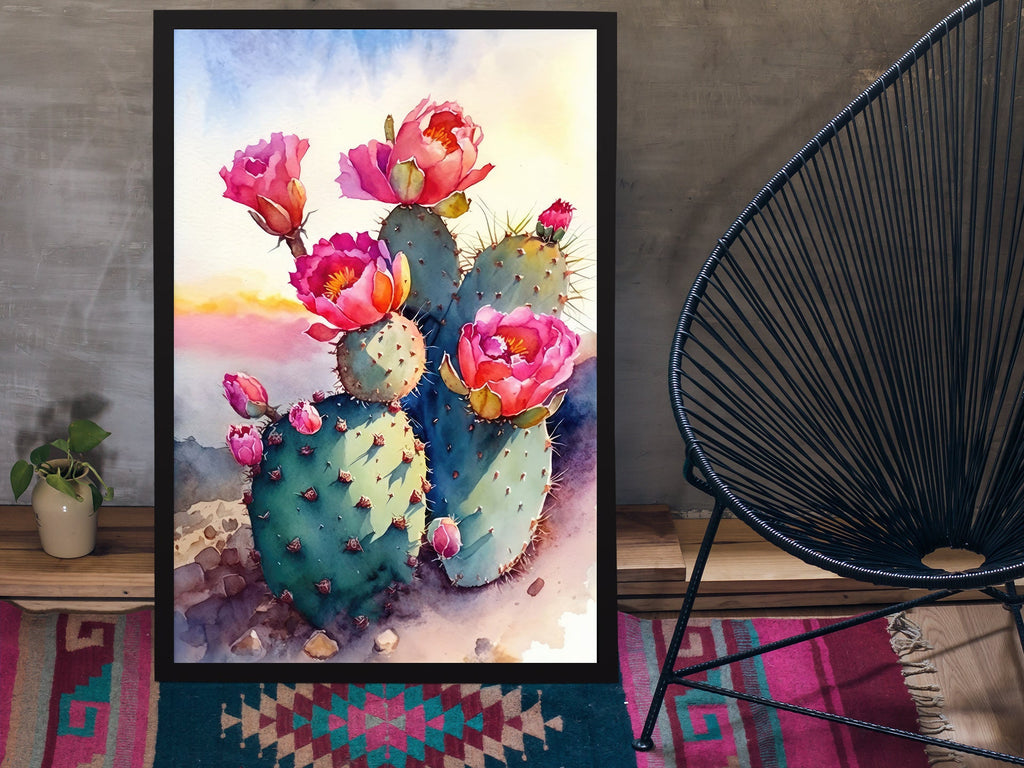 Flower Prickly Pear Cactus Sunset Art Print Watercolor Botanical Desert Wall Art Nature Inspired Sonoran Art Southwest Western Decor